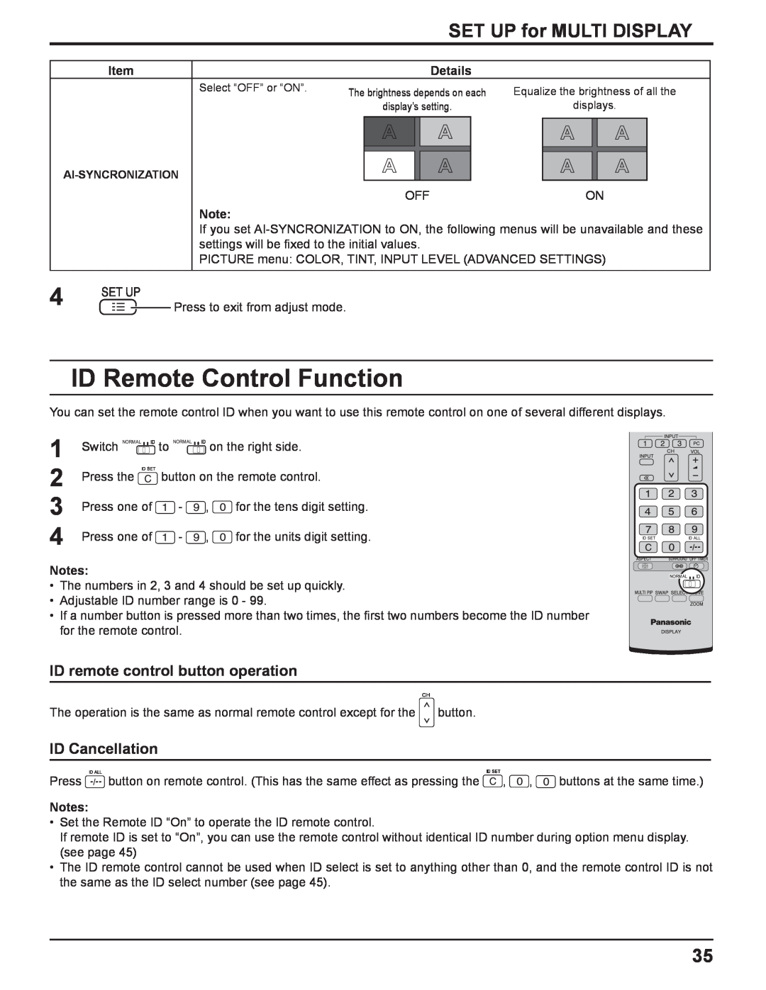 Panasonic TH-42PF11UK ID Remote Control Function, SET UP for MULTI DISPLAY, ID remote control button operation, Details 