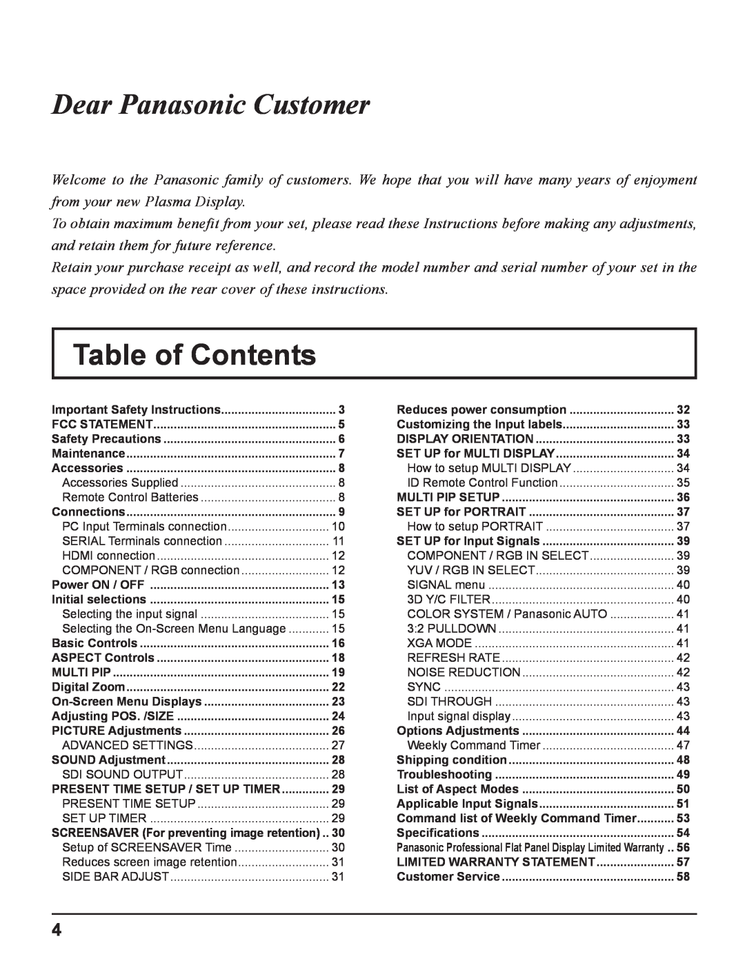 Panasonic TH-65PF11UK, TH-58PF11UK, TH-50PF11UK, TH-42PF11UK manual Table of Contents, Dear Panasonic Customer 