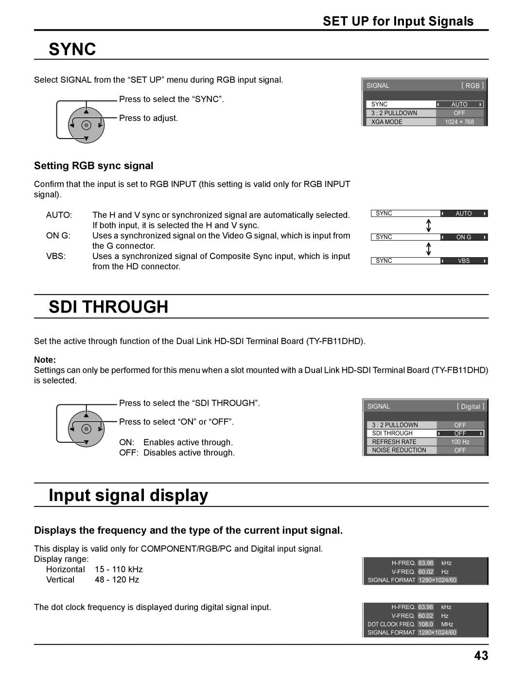 Panasonic TH-42PF11UK manual Sync, Sdi Through, Input signal display, Setting RGB sync signal, SET UP for Input Signals 