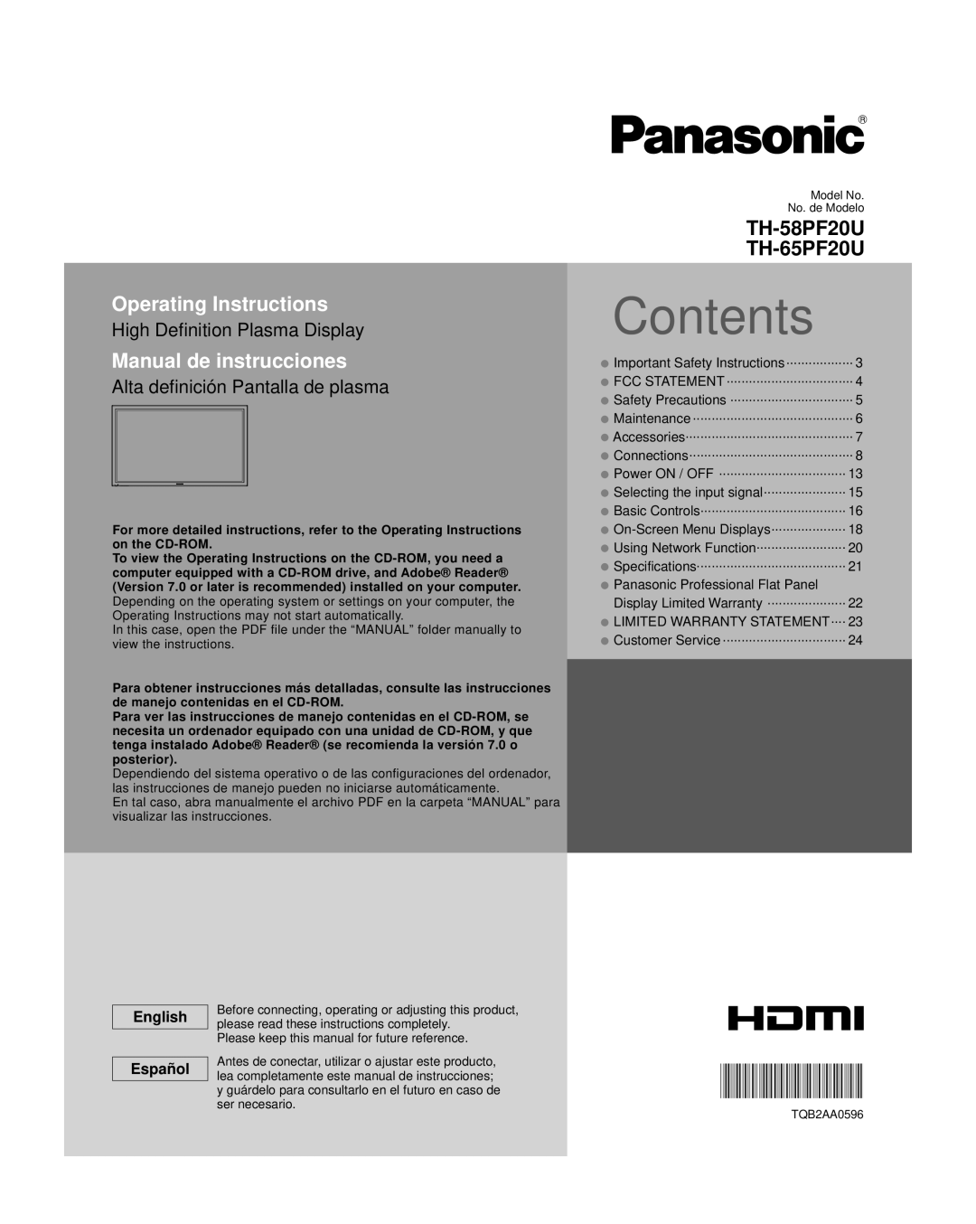 Panasonic TH-58PF20U, TH-65PF20U operating instructions Contents 