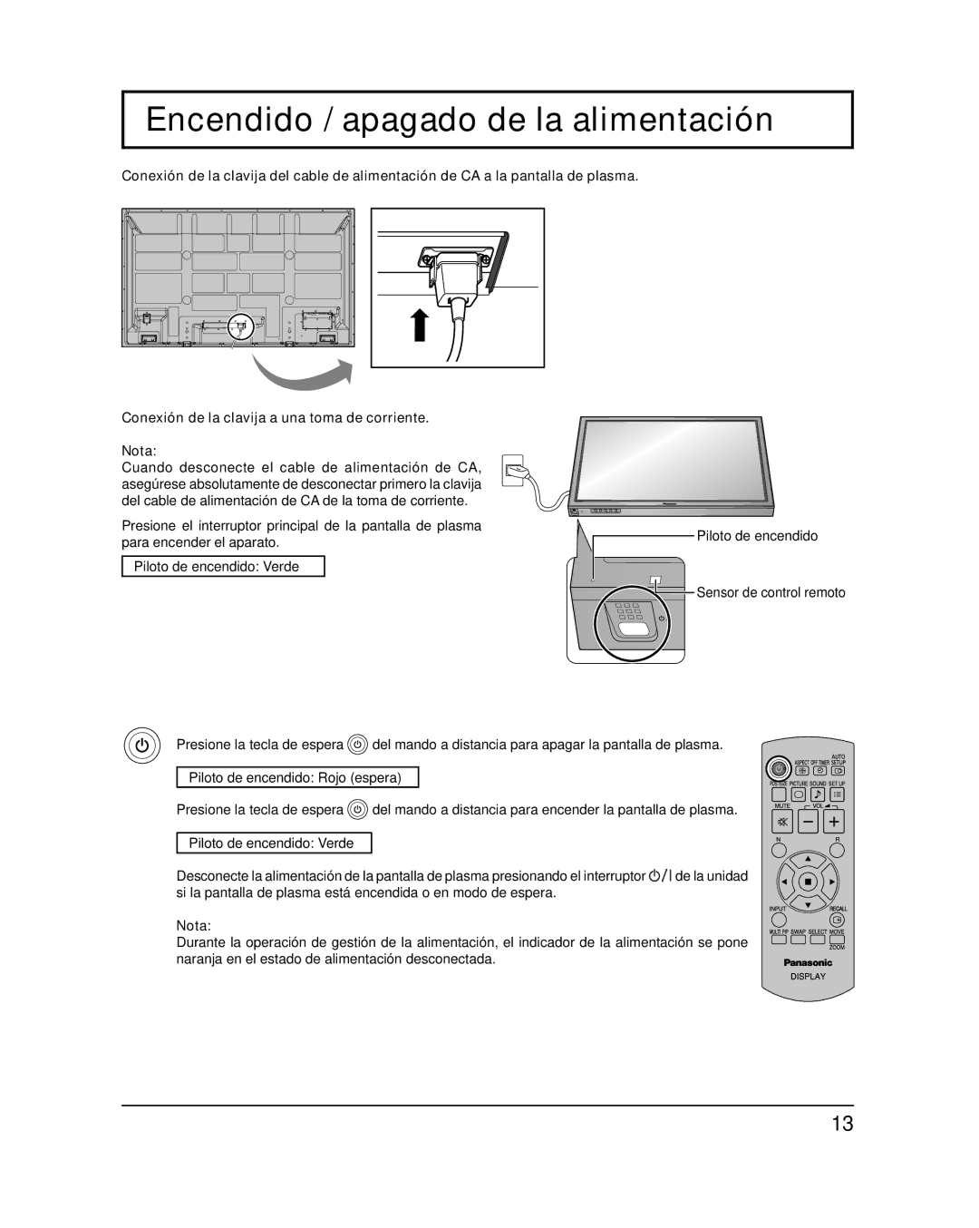 Panasonic TH-65PF20U, TH-58PF20U operating instructions Encendido / apagado de la alimentación 