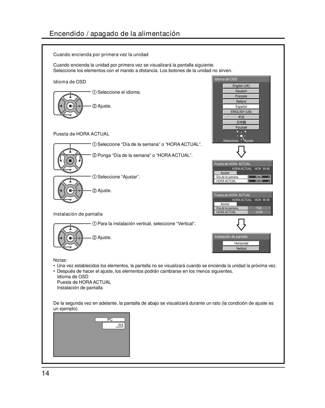 Panasonic TH-58PF20U Encendido / apagado de la alimentación, Cuando encienda por primera vez la unidad, Idioma de OSD 