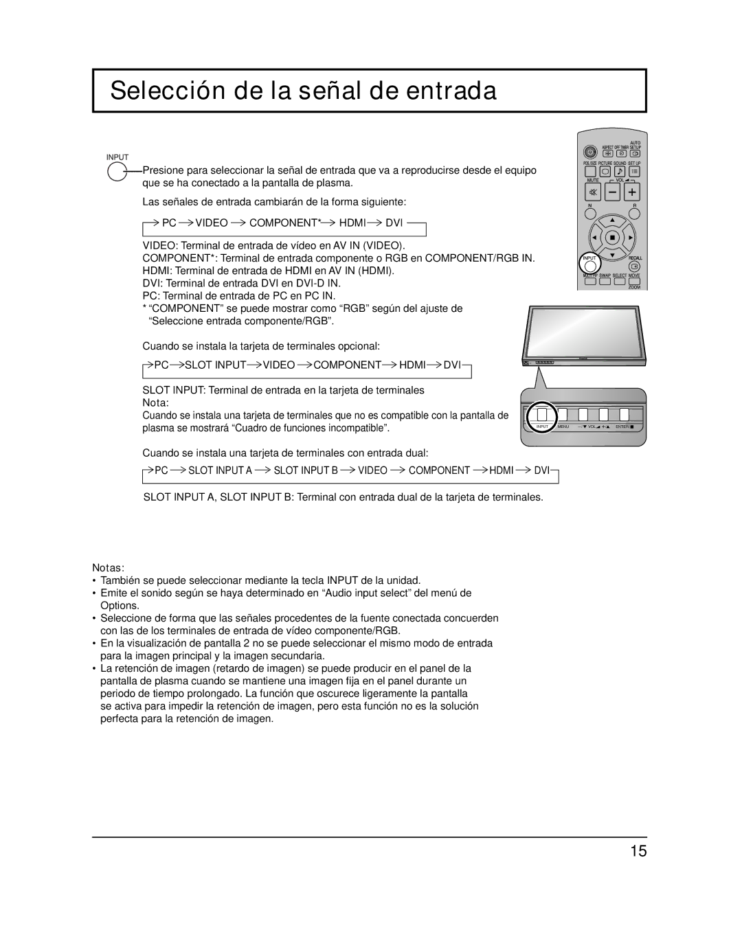 Panasonic TH-65PF20U Selección de la señal de entrada, Slot Input Terminal de entrada en la tarjeta de terminales 