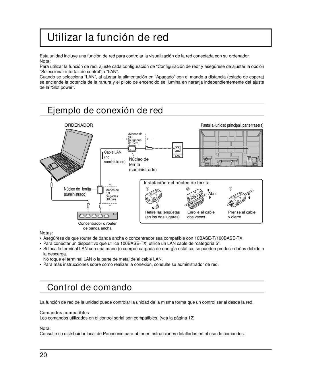 Panasonic TH-58PF20U Utilizar la función de red, Ejemplo de conexión de red, Control de comando, Comandos compatibles 