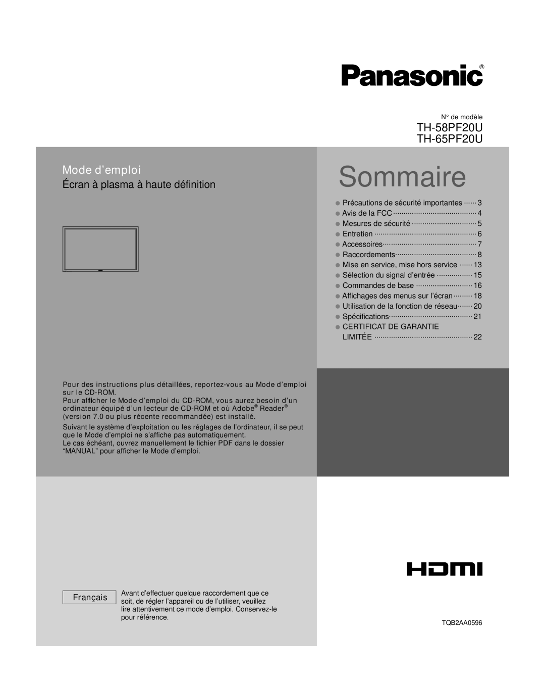 Panasonic TH-65PF20U, TH-58PF20U Avis de la FCC, Entretien Accessoires Raccordements, Utilisation de la fonction de réseau 