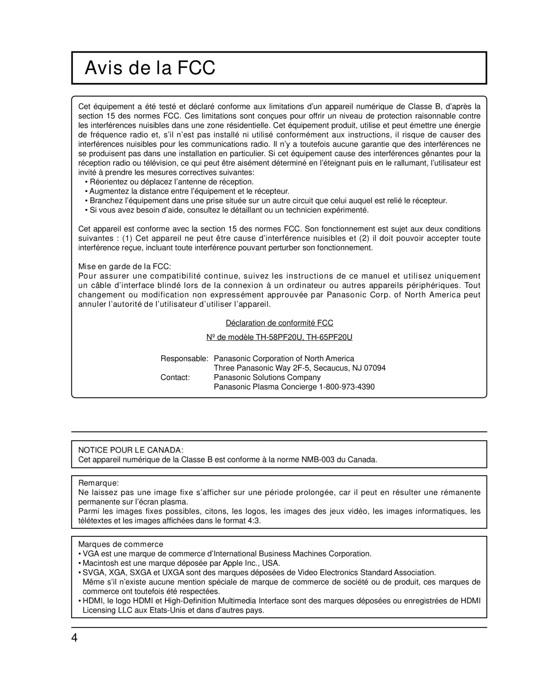 Panasonic TH-58PF20U, TH-65PF20U operating instructions Avis de la FCC, Remarque, Marques de commerce 