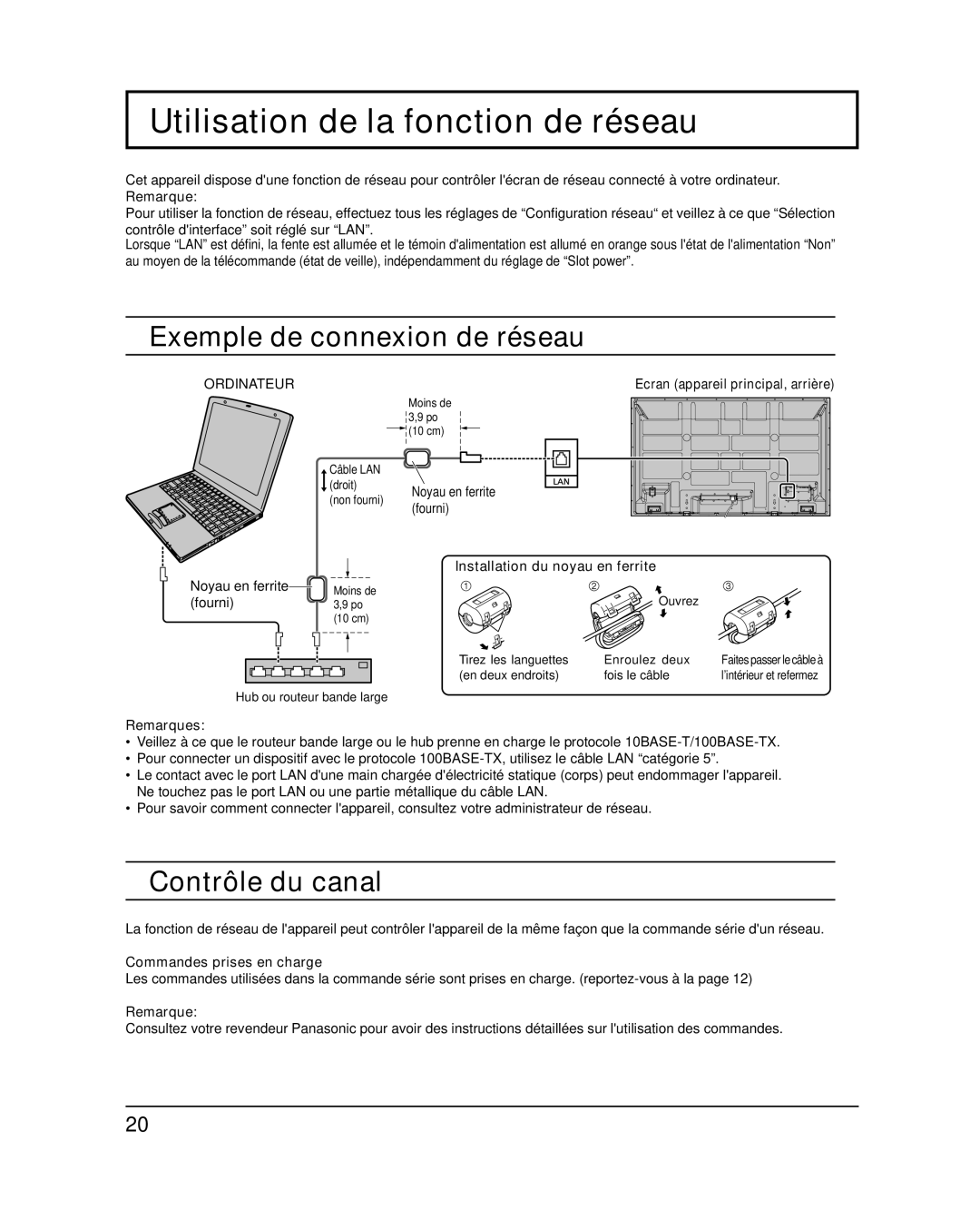 Panasonic TH-58PF20U, TH-65PF20U Utilisation de la fonction de réseau, Exemple de connexion de réseau, Contrôle du canal 