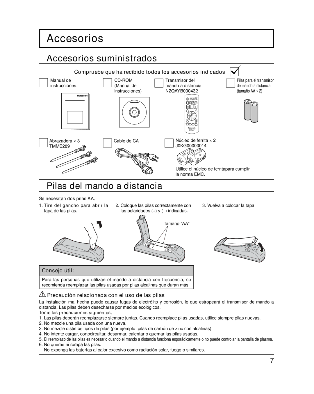 Panasonic TH-65PF20U, TH-58PF20U operating instructions Accesorios suministrados, Pilas del mando a distancia 