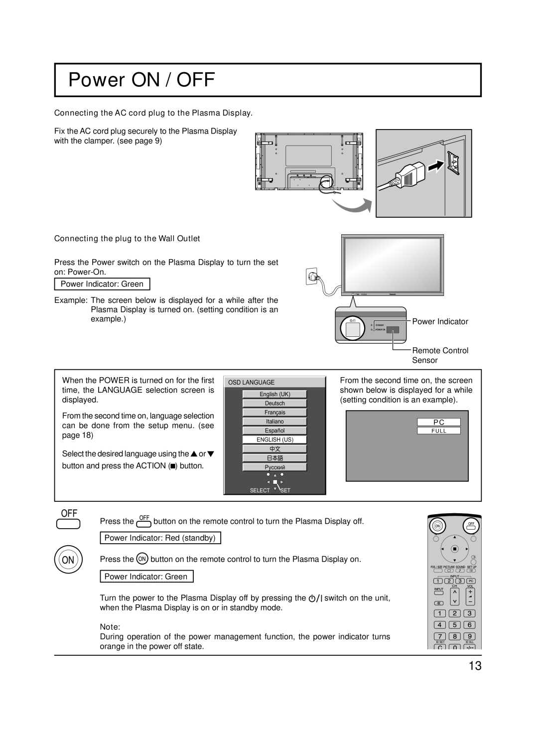 Panasonic TH-65PF9UK manual Power on / OFF, Connecting the AC cord plug to the Plasma Display 