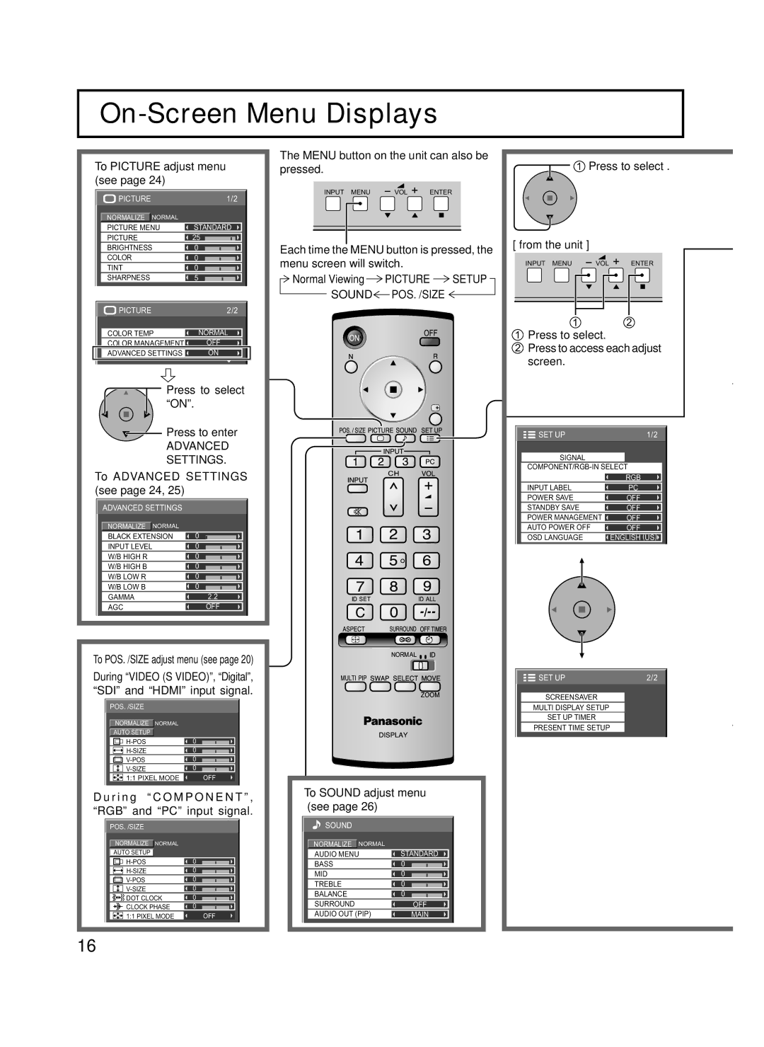 Panasonic TH-65PF9UK manual On-Screen Menu Displays, Advanced Settings 