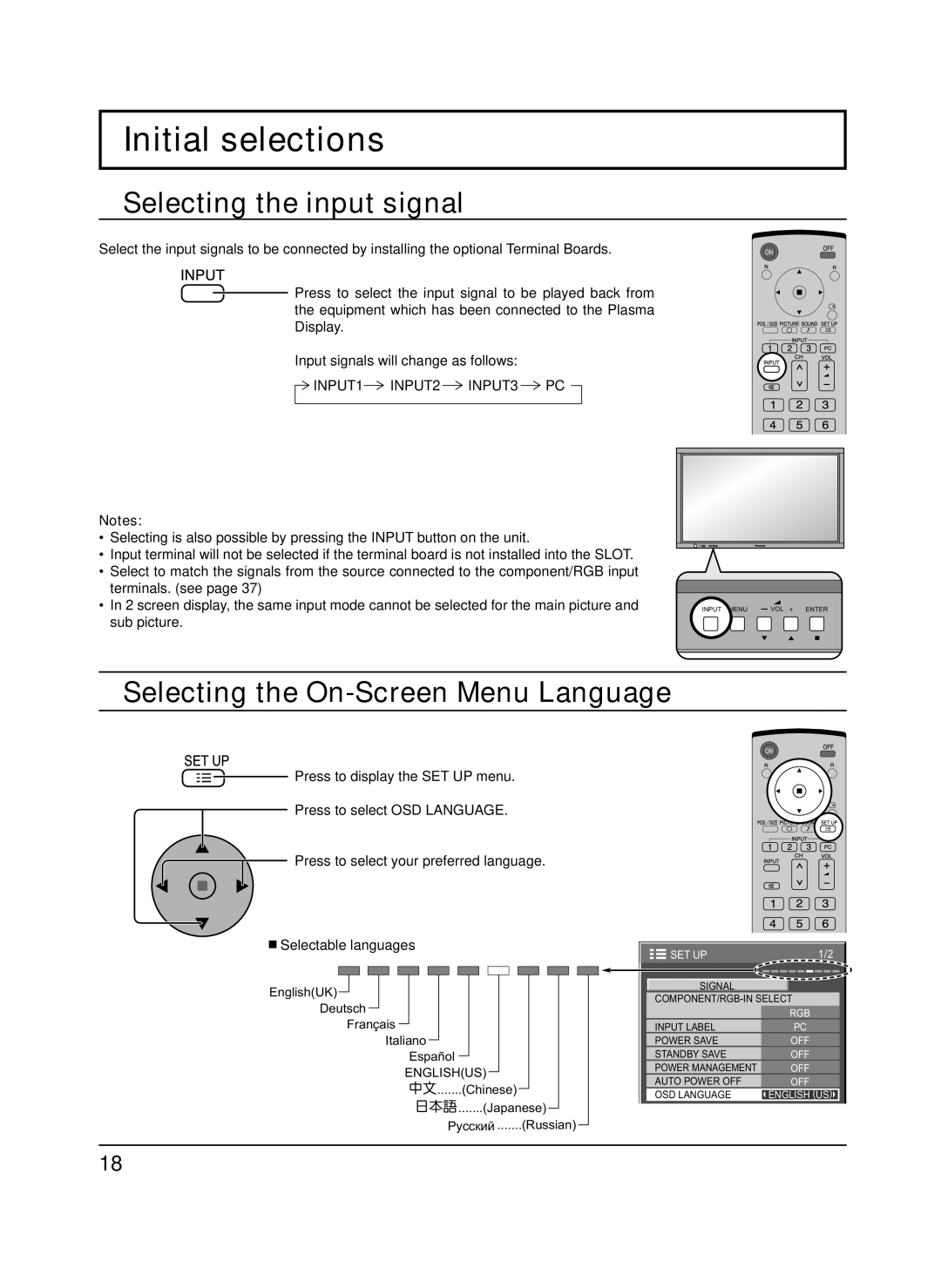 Panasonic TH-65PF9UK manual Initial selections, Selecting the input signal, Selecting the On-Screen Menu Language 