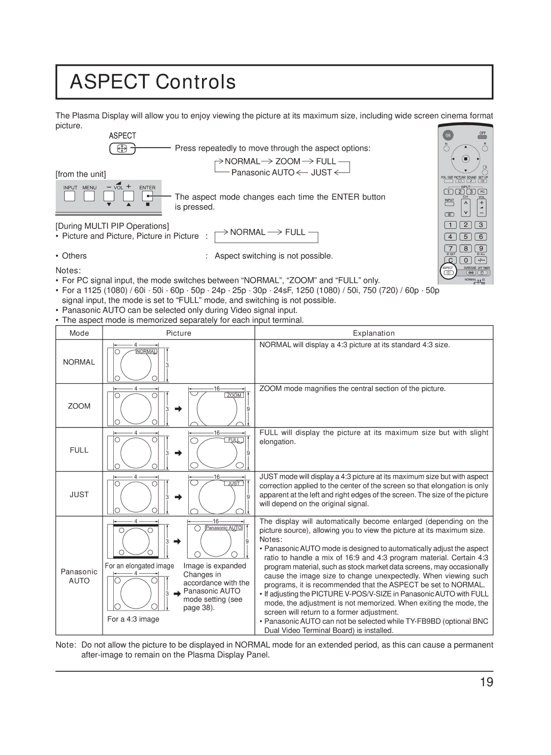 Panasonic TH-65PF9UK manual Aspect Controls, Normal Zoom Full, From the unit Panasonic Auto Just, Normal Full 