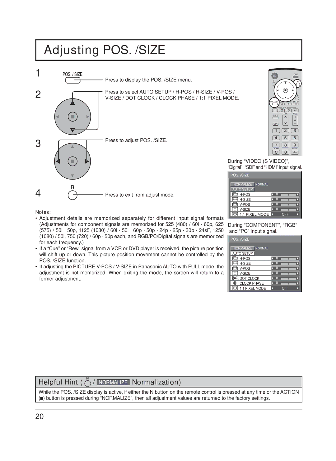 Panasonic TH-65PF9UK Adjusting POS. /SIZE, Size / DOT Clock / Clock Phase / 11 Pixel Mode, Press to adjust POS. /SIZE 