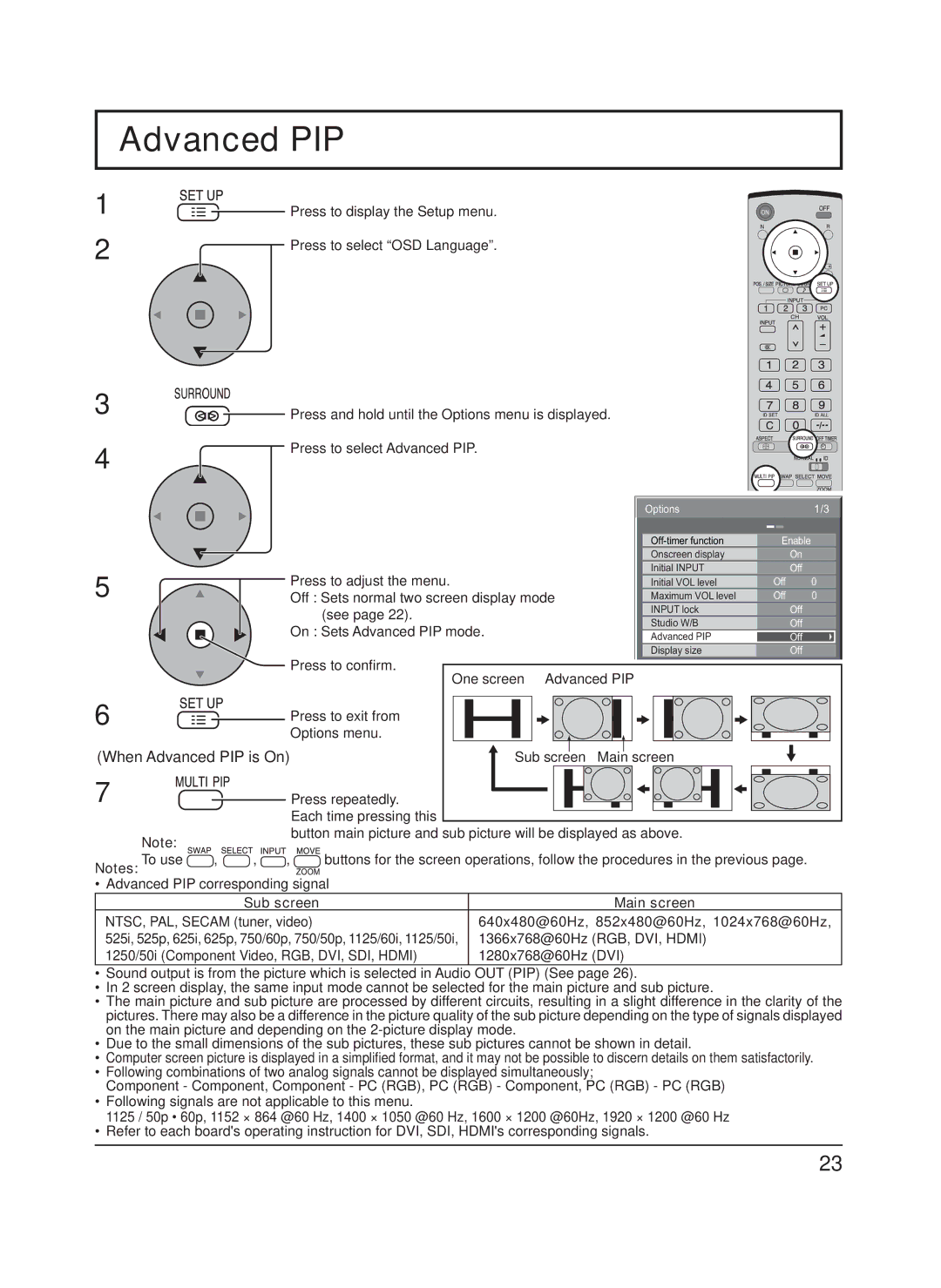 Panasonic TH-65PF9UK manual Advanced PIP, Sub screen Main screen 