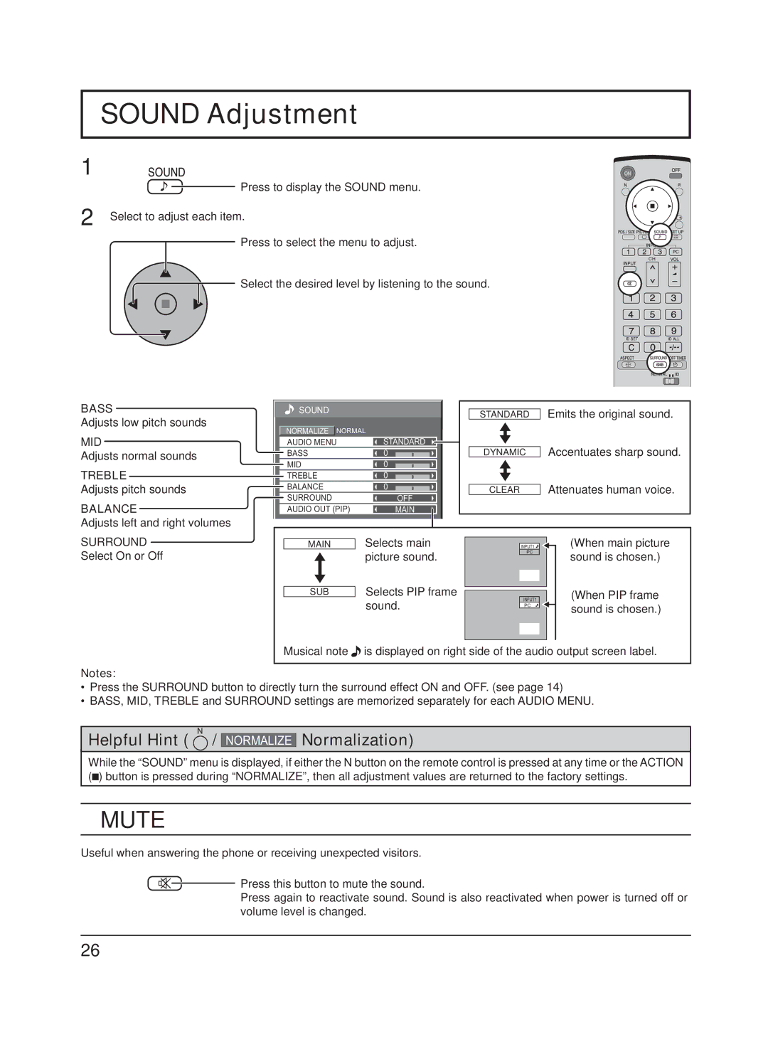 Panasonic TH-65PF9UK manual Sound Adjustment, Mute 