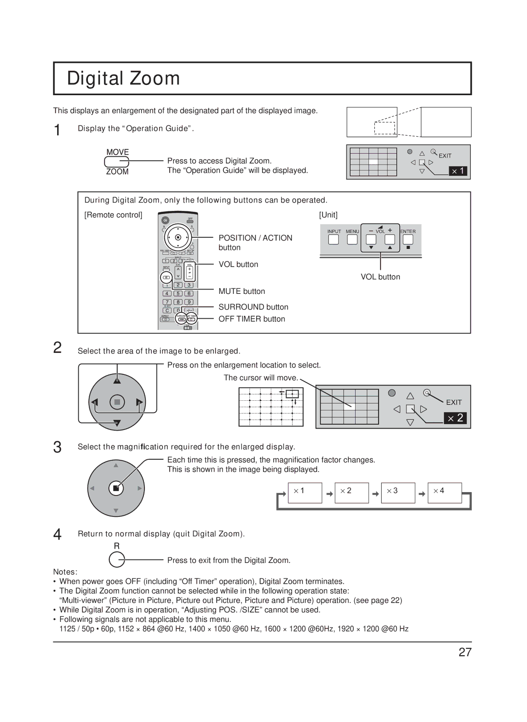 Panasonic TH-65PF9UK manual Digital Zoom, Display the Operation Guide, Select the area of the image to be enlarged 