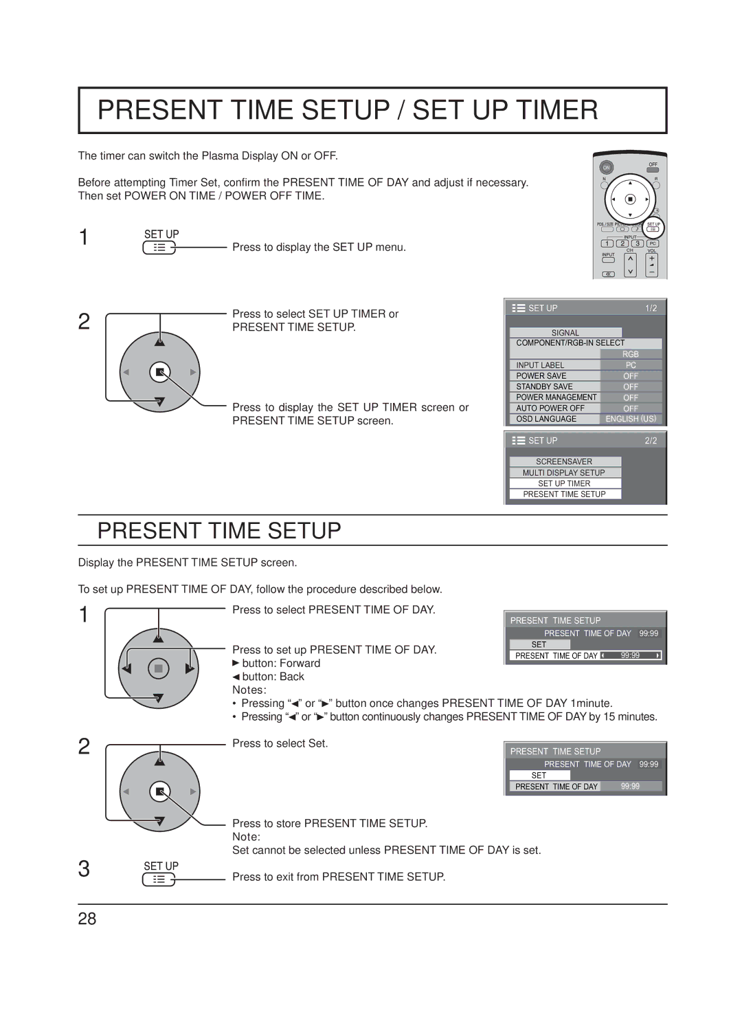 Panasonic TH-65PF9UK manual Present Time Setup, Press to set up Present Time of DAY, Press to select Set 