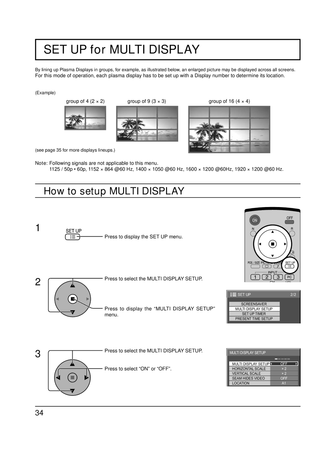 Panasonic TH-65PF9UK SET UP for Multi Display, How to setup Multi Display, Group of 4 2 × Group of 9 3 × Group of 16 4 × 