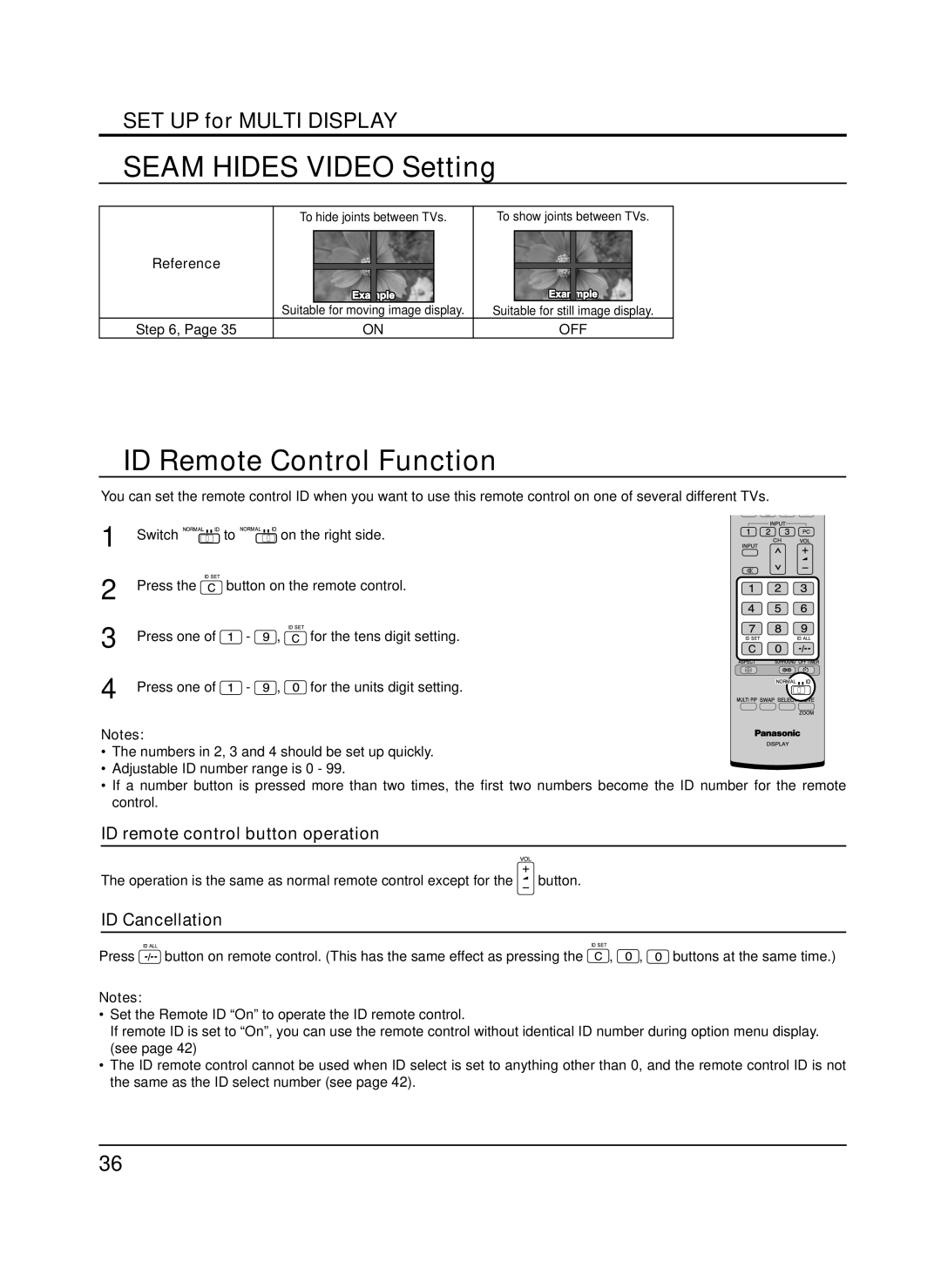 Panasonic TH-65PF9UK manual Seam Hides Video Setting, ID Remote Control Function, ID remote control button operation 