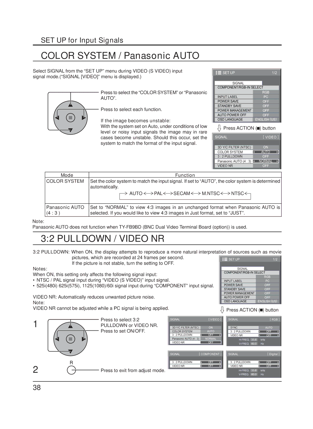 Panasonic TH-65PF9UK manual Color System / Panasonic Auto, Pulldown / Video NR, SET UP for Input Signals 