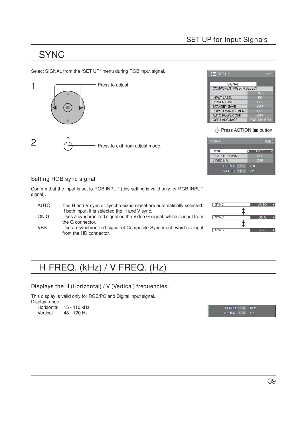 Panasonic TH-65PF9UK manual Sync, FREQ. kHz / V-FREQ. Hz, Setting RGB sync signal 