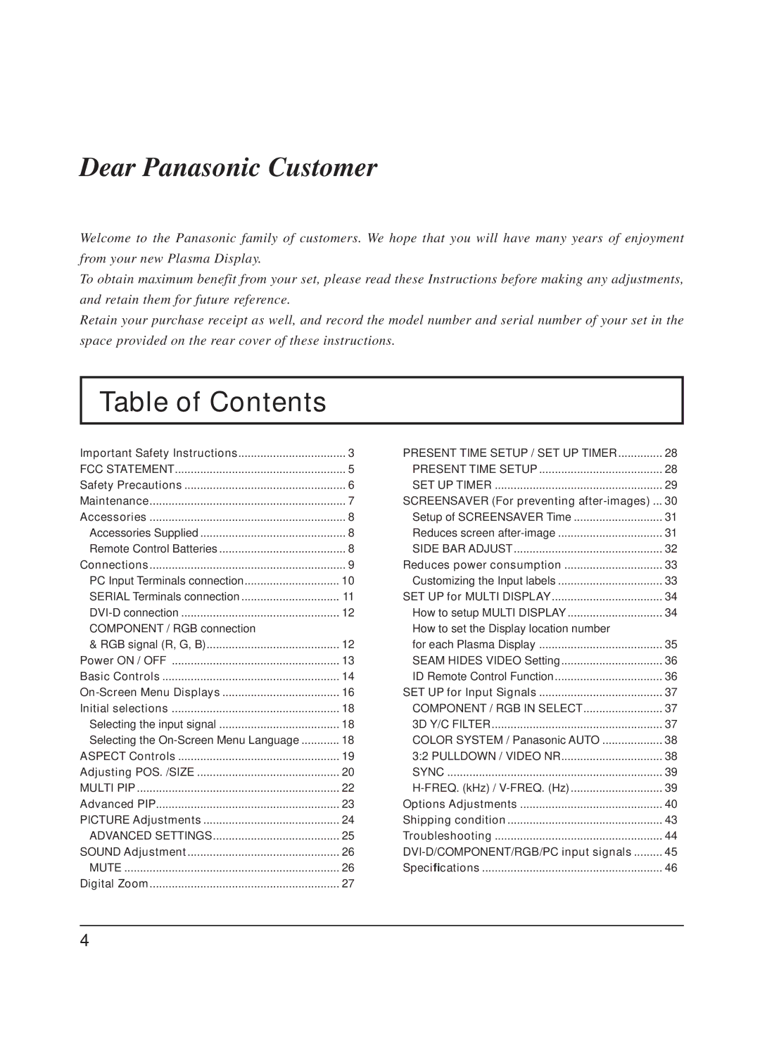 Panasonic TH-65PF9UK manual Table of Contents 