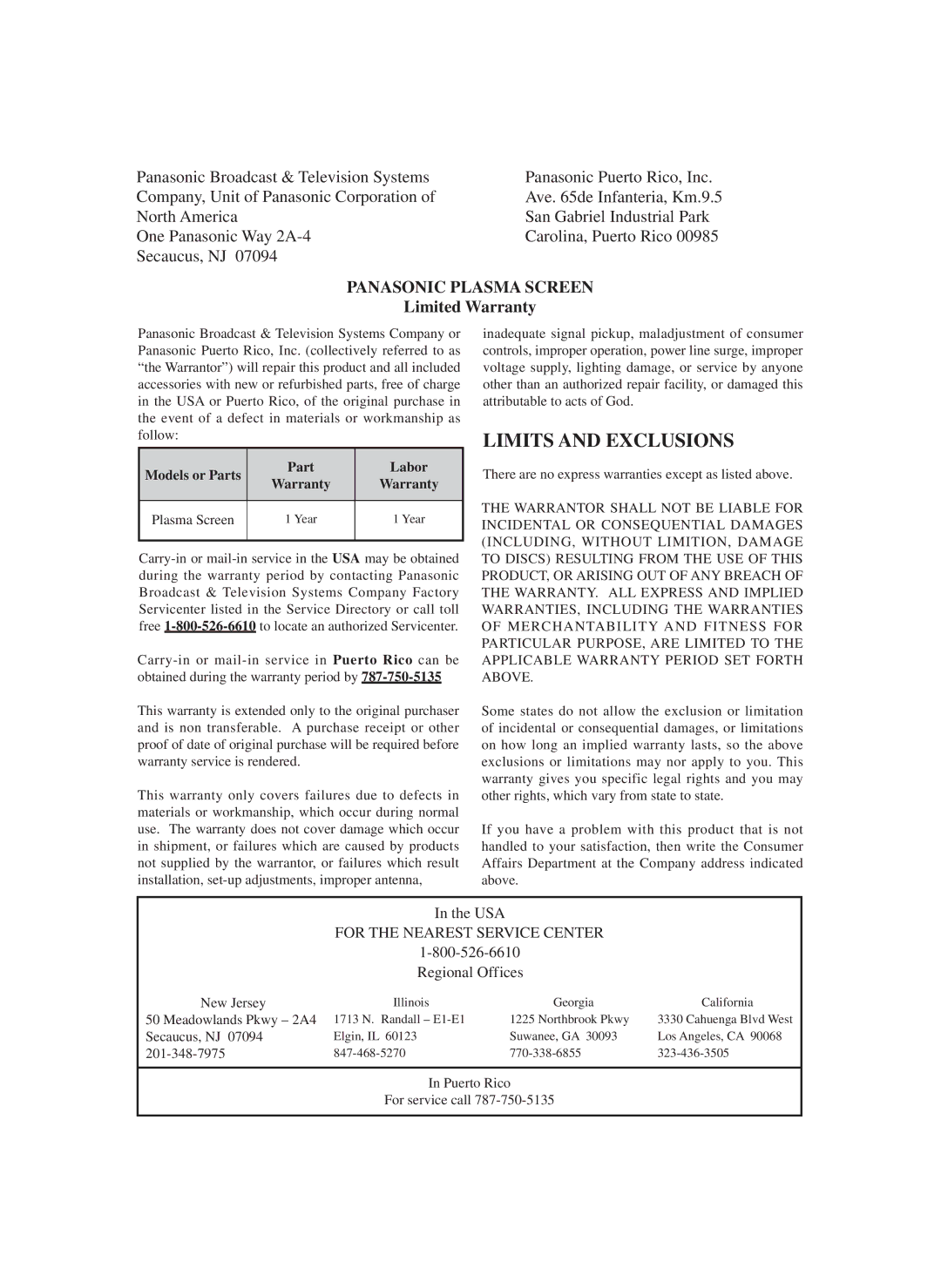 Panasonic TH-65PF9UK manual Limits and Exclusions 