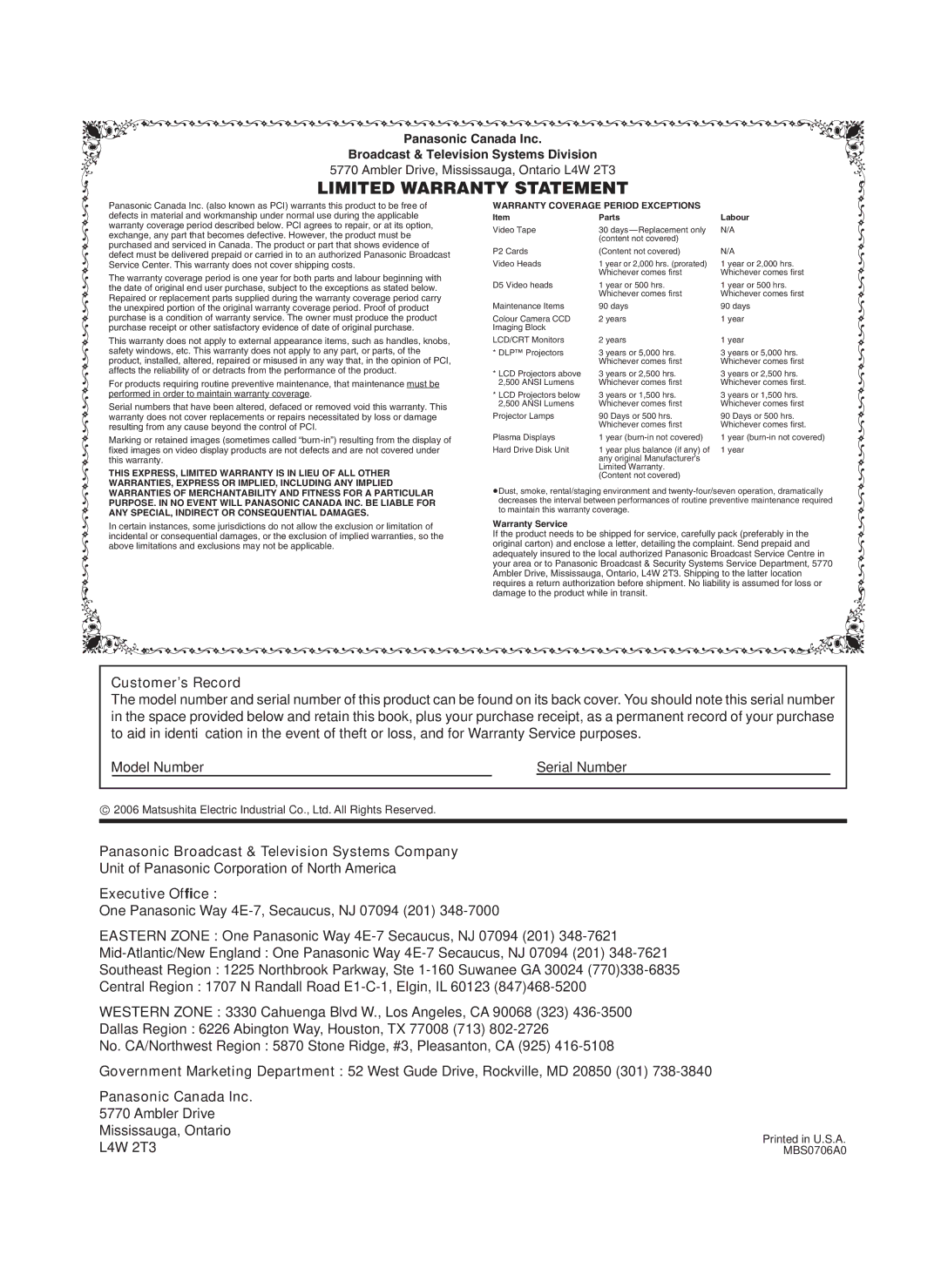 Panasonic TH-65PF9UK manual Customer’s Record, Panasonic Broadcast & Television Systems Company, Executive Ofﬁce 