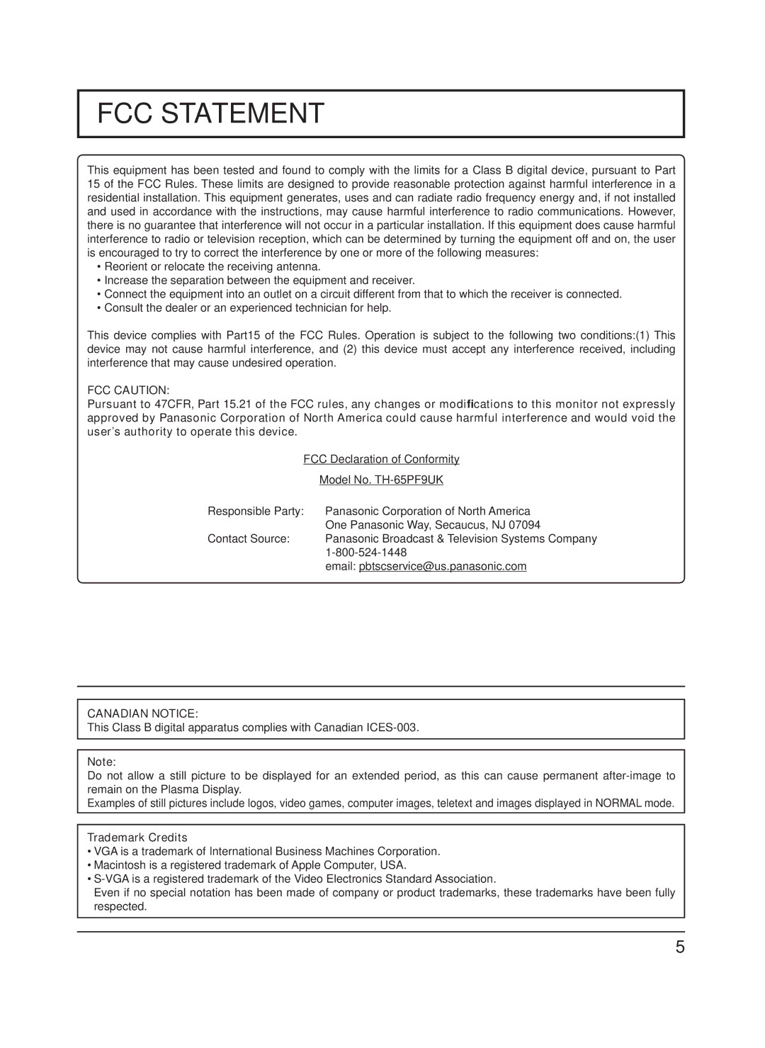 Panasonic TH-65PF9UK manual FCC Caution, Canadian Notice, Trademark Credits 