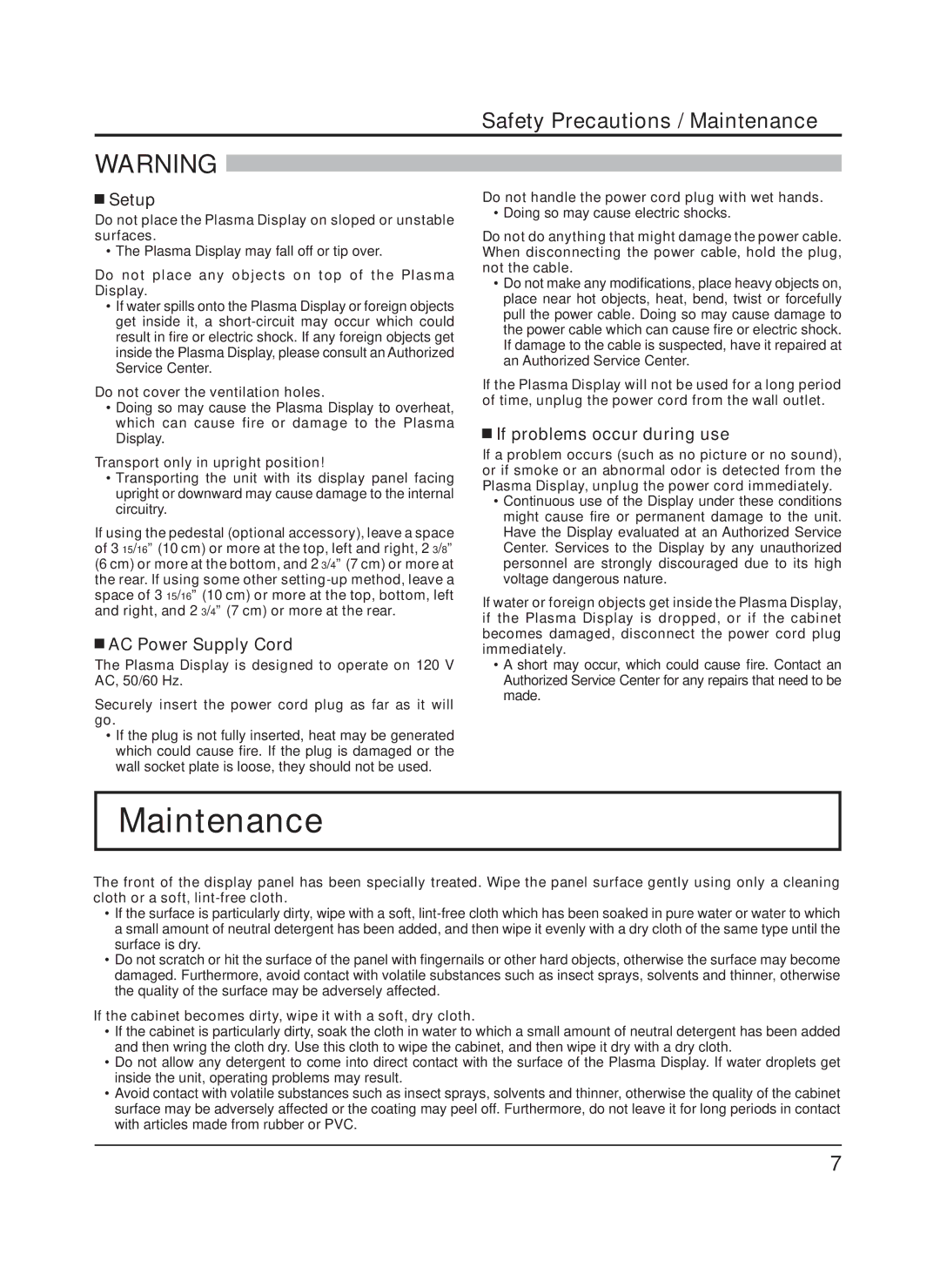 Panasonic TH-65PF9UK manual Safety Precautions / Maintenance, Setup, AC Power Supply Cord, If problems occur during use 