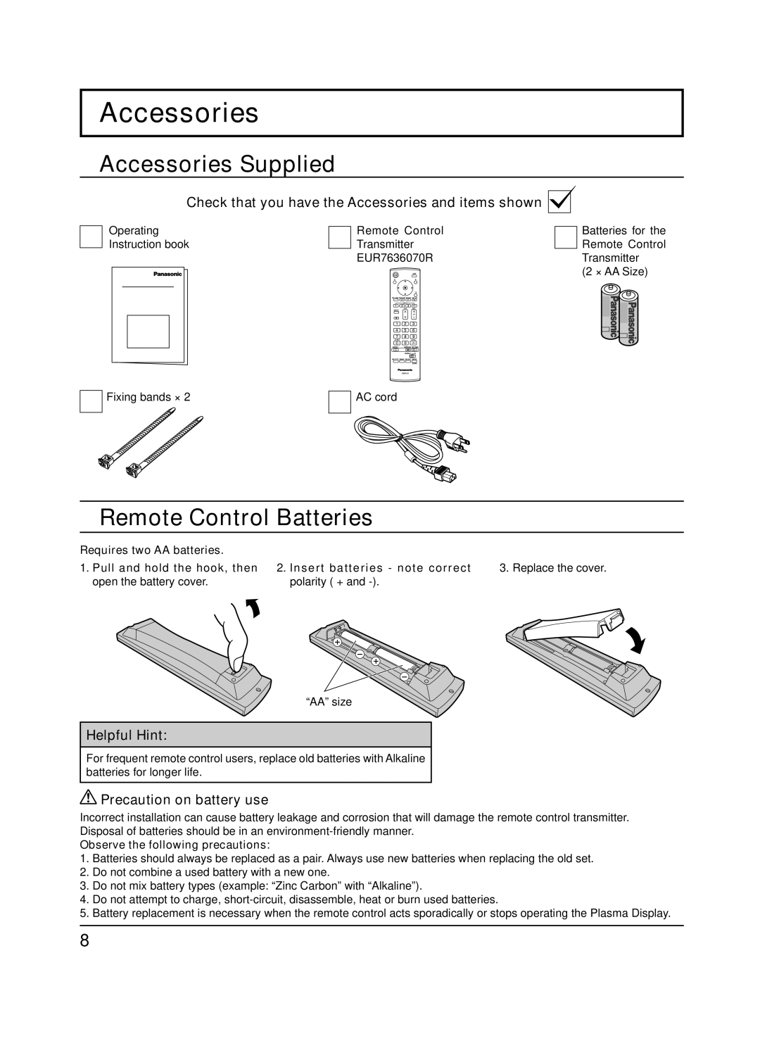 Panasonic TH-65PF9UK manual Accessories Supplied, Remote Control Batteries 