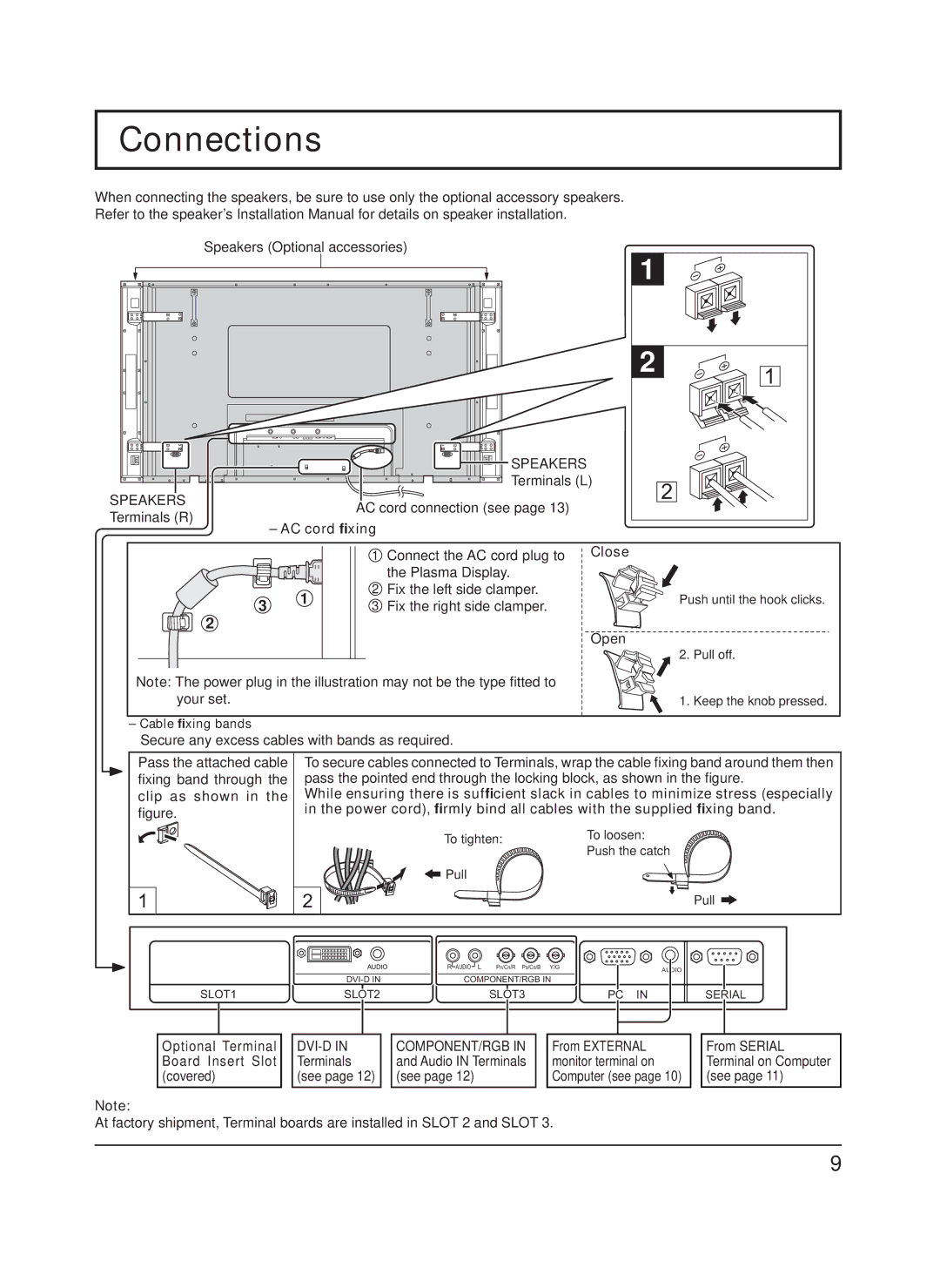 Panasonic TH-65PF9UK manual Connections, AC cord ﬁxing, Close, Open, Your set 