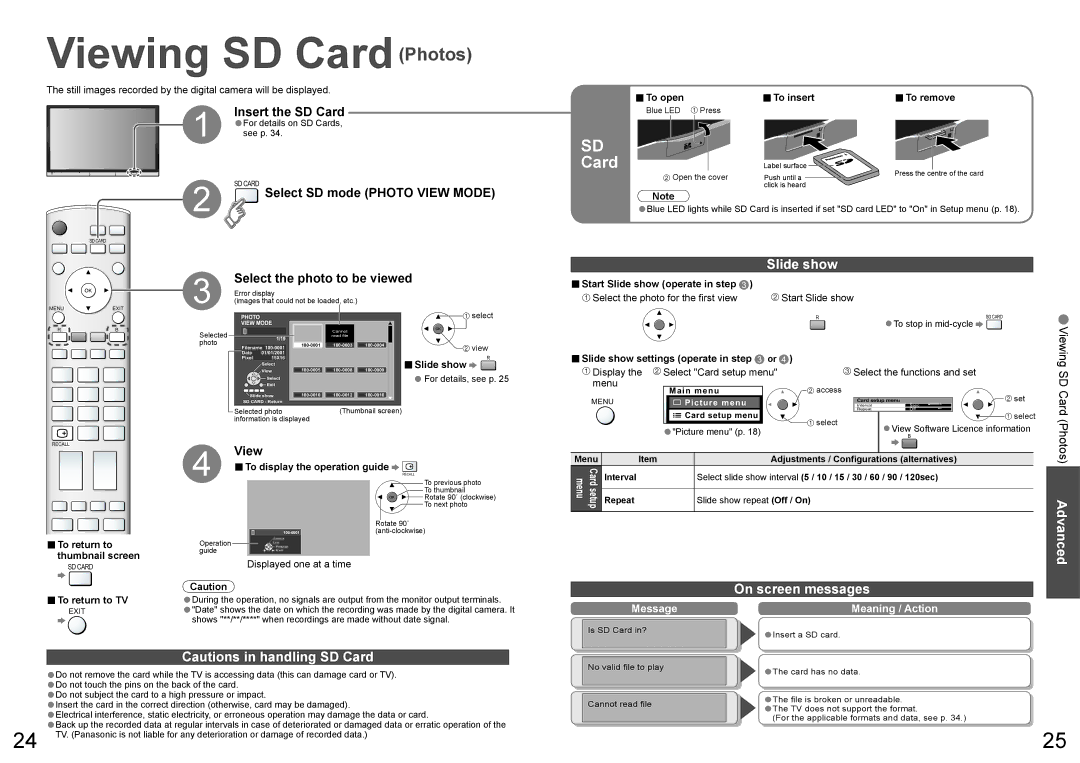 Panasonic TH-65PV600A warranty Viewing SD CardPhotos, Slide show, On screen messages, Insert the SD Card 