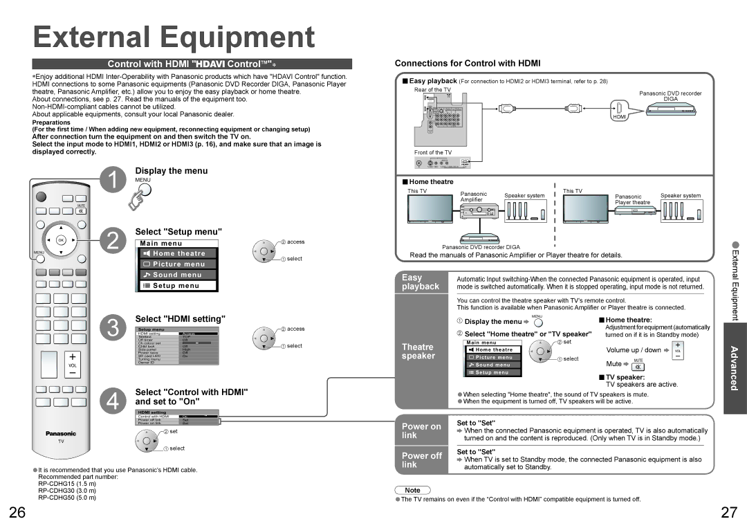 Panasonic TH-65PV600A warranty External Equipment, Control with Hdmi ControlTM∗ 