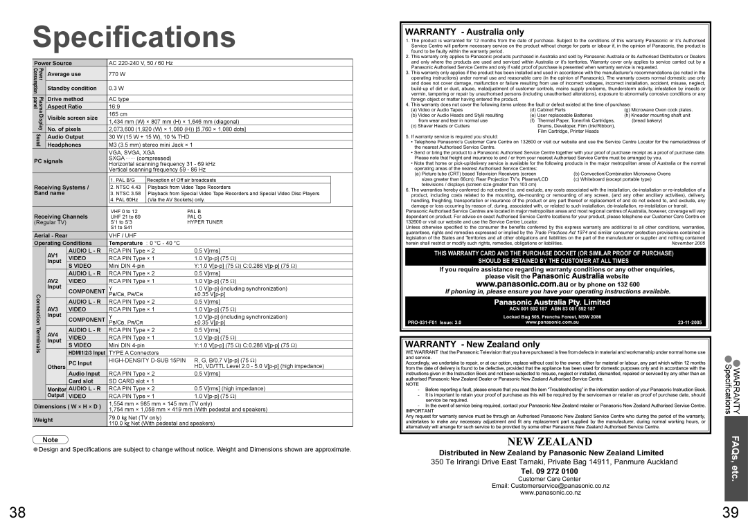 Panasonic TH-65PV600A warranty Speciﬁcations, Warranty Australia only, Warranty New Zealand only, Tel 272 