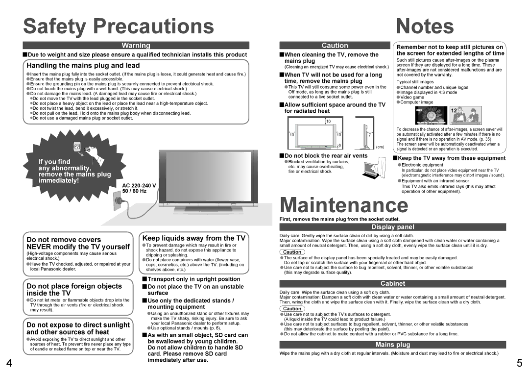 Panasonic TH-65PV600A warranty Safety Precautions, Maintenance, Display panel, Cabinet, Mains plug 