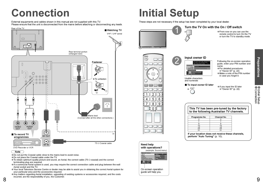 Panasonic TH-65PV600A Connection, Initial Setup, Preparations, Turn the TV On with the On / Off switch, Input owner ID 