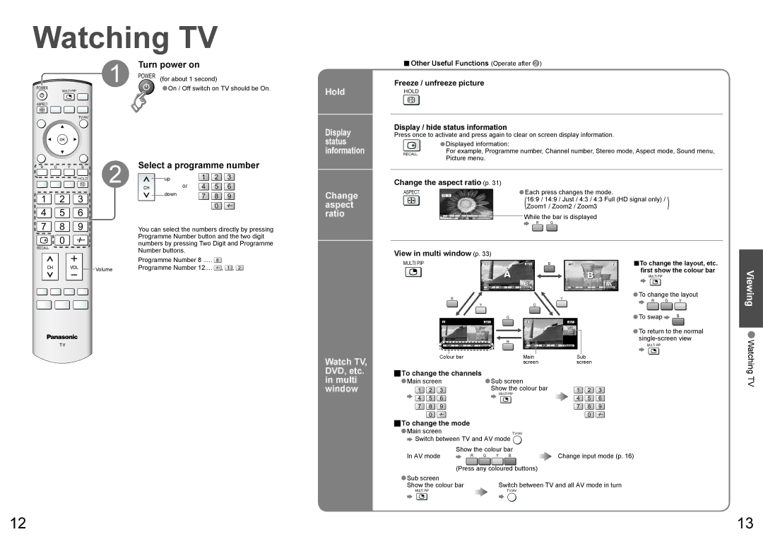 Panasonic TH-65PV600A warranty Watching TV, Hold, Change aspect ratio, Watch TV, DVD, etc. in multi window 