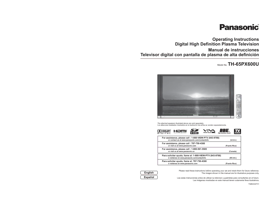 Panasonic operating instructions Model No. TH-65PX600U, English Español 