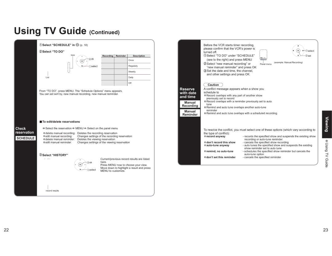 Panasonic TH-65PX600U Reserve with date and time, Viewing Using TV Guide, Check reservation, Manual Recording Reminder 