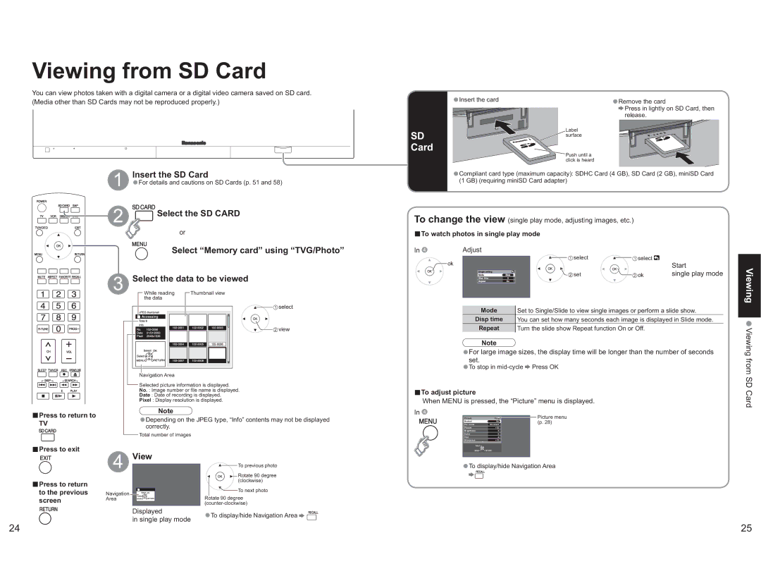 Panasonic TH-65PX600U operating instructions Viewing from SD Card 