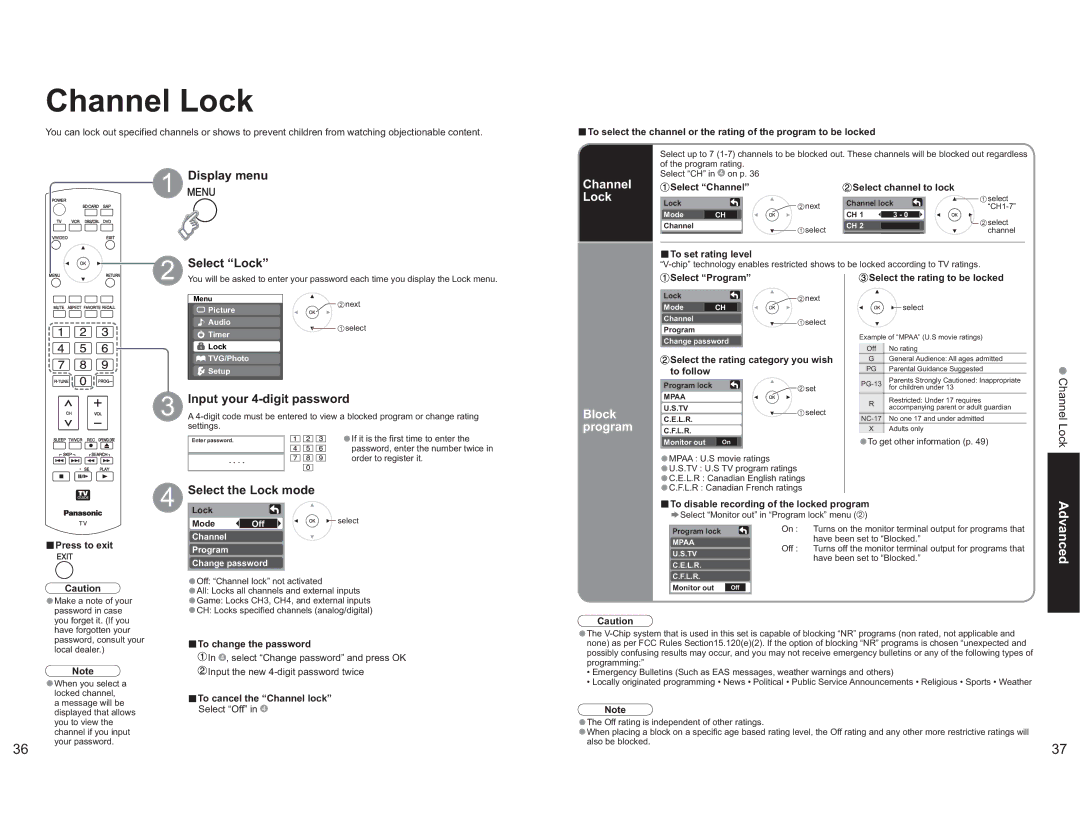 Panasonic TH-65PX600U operating instructions Channel Lock, Block, Program 