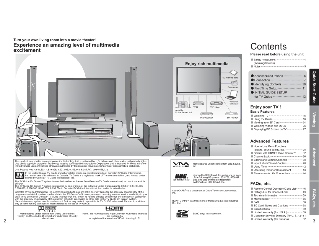 Panasonic TH-65PX600U operating instructions Contents 