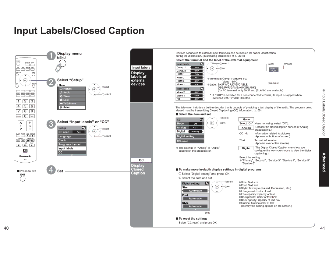 Panasonic TH-65PX600U Input Labels/Closed Caption, Display labels of external devices, Select Input labels or CC 