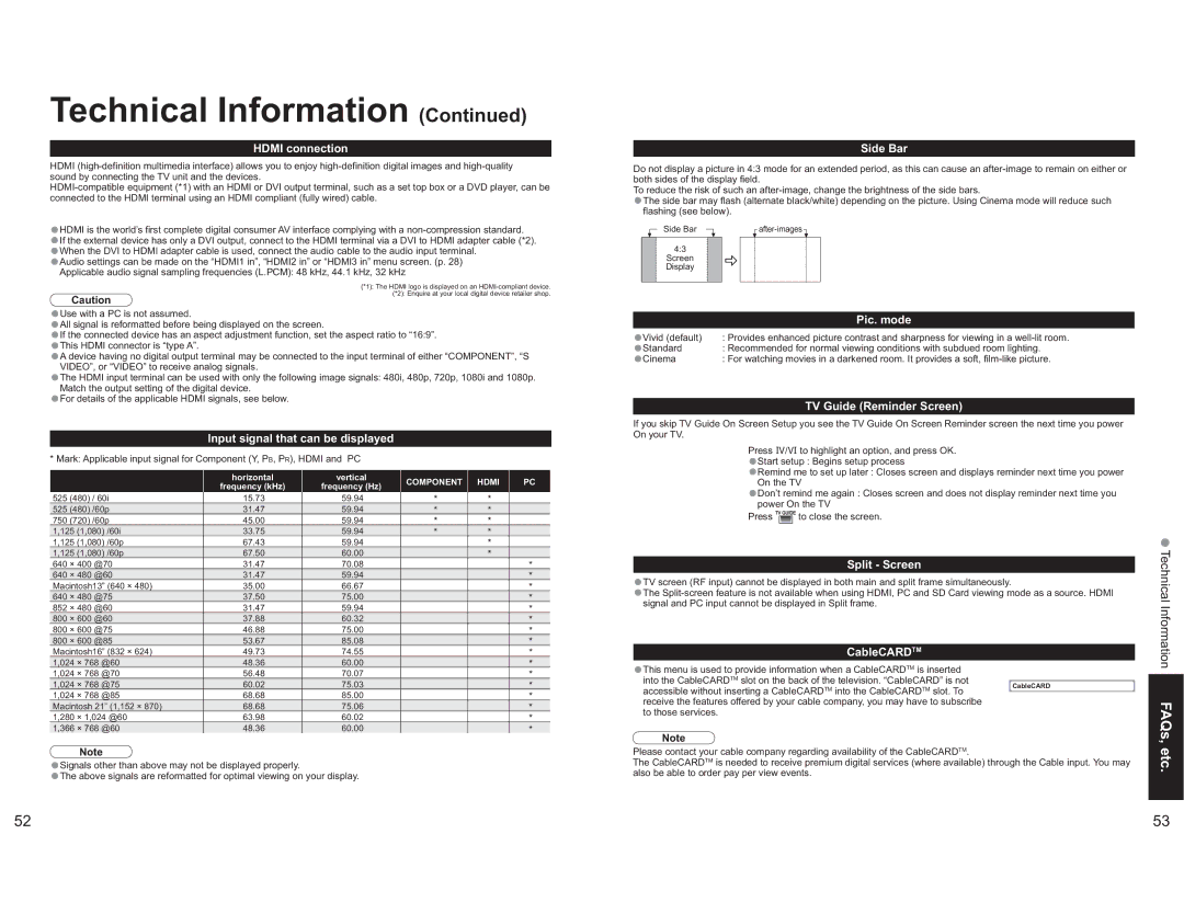 Panasonic TH-65PX600U operating instructions Etc, Technical Information FAQs 