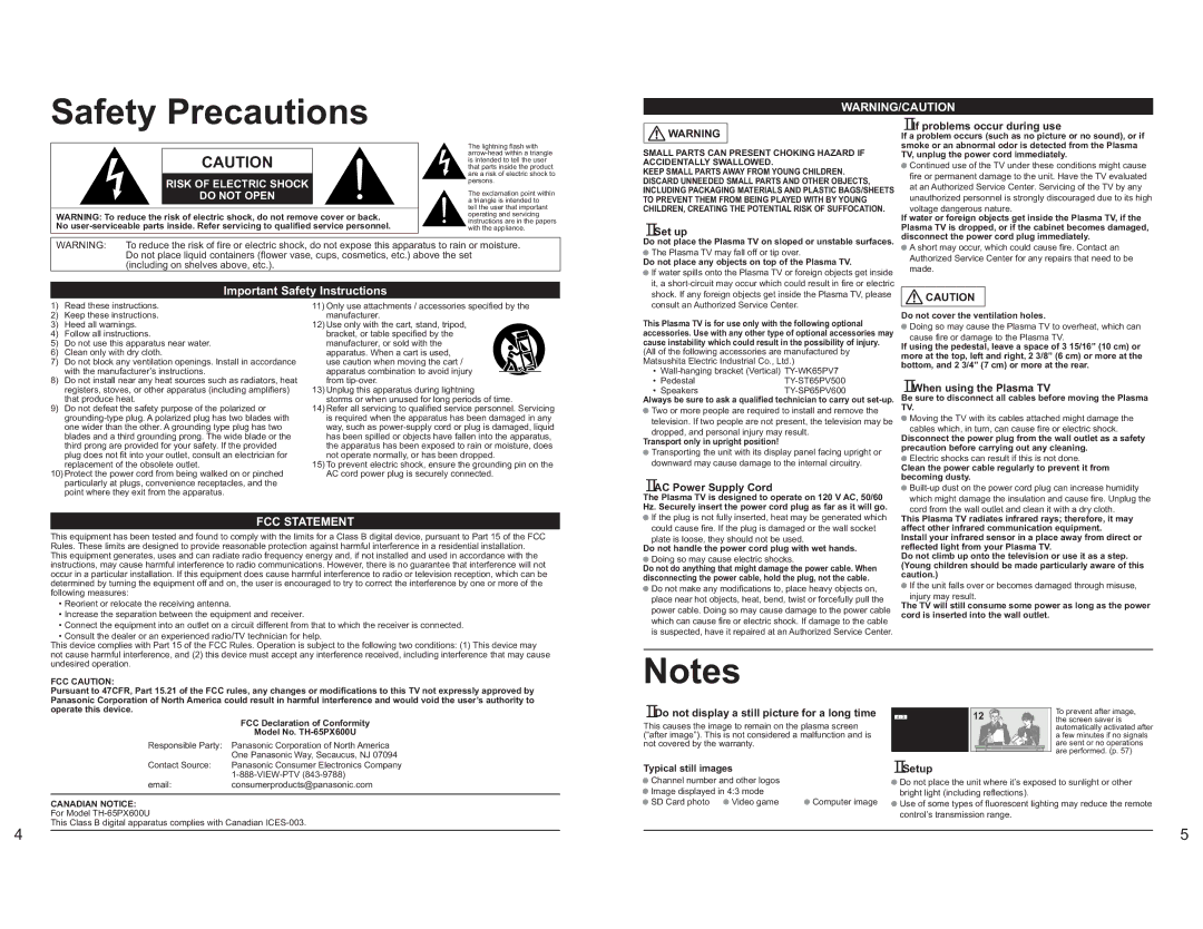 Panasonic TH-65PX600U operating instructions Safety Precautions, Important Safety Instructions 