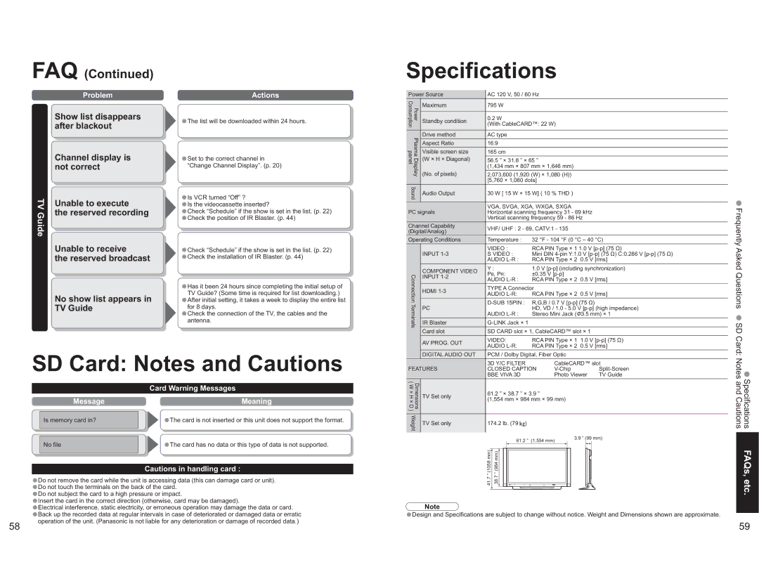 Panasonic TH-65PX600U operating instructions Specifications, SD Card Notes and Cautions, FAQs, Reserved recording, Etc 