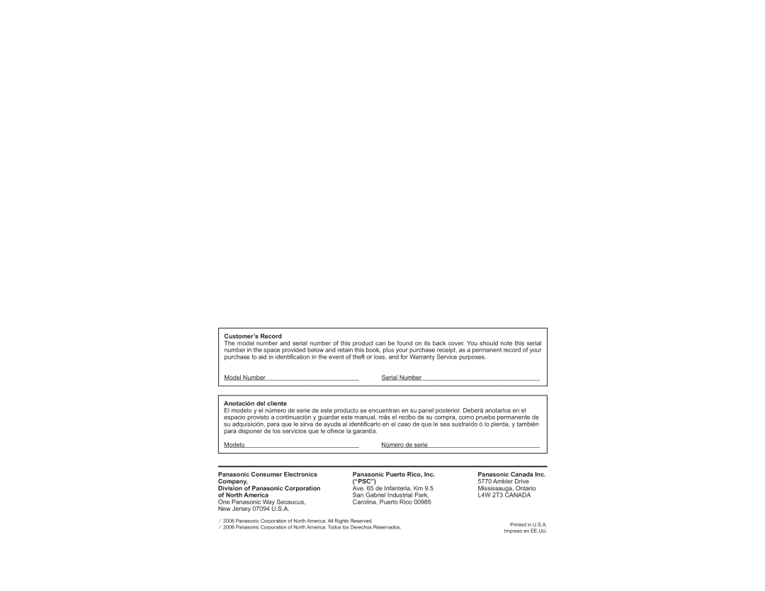 Panasonic TH-65PX600U Customer’s Record, Anotación del cliente, Panasonic Consumer Electronics Panasonic Puerto Rico, Inc 