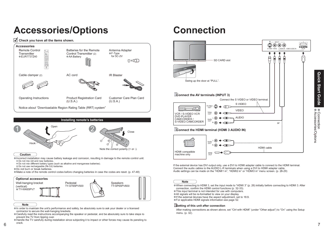 Panasonic TH-65PX600U Accessories/Options Connection, Quick Start Guide, Installing remote’s batteries 