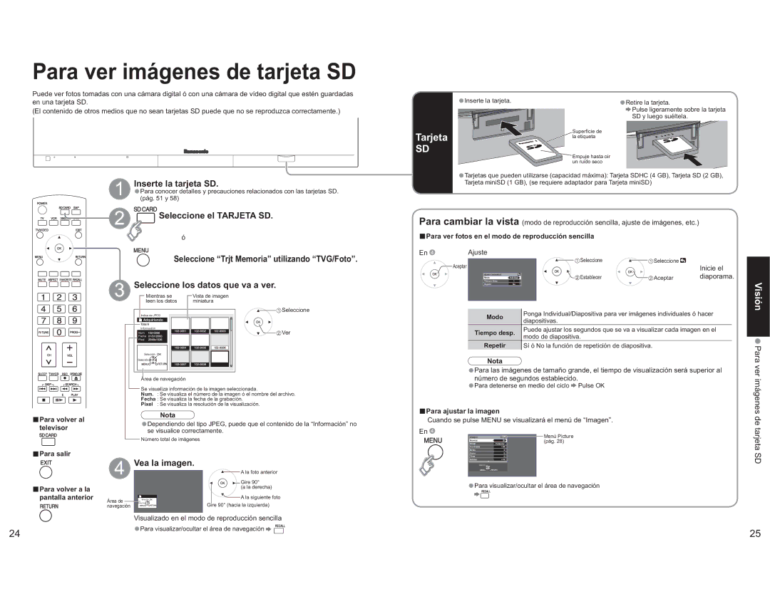 Panasonic TH-65PX600U Inserte la tarjeta SD, Seleccione el Tarjeta SD, Seleccione los datos que va a ver, Vea la imagen 